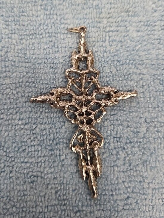 Large Auth Zuni Cross Pendant Chain Sterling Silver Turquoise Needlepoint - Picture 2 of 10